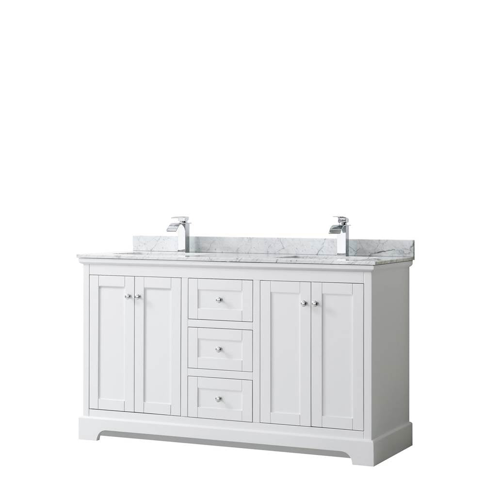 Wyndham Collection - Avery 60 Inch Double Bathroom Vanity in White, White Carrara Marble Countertop, Undermount Square Sinks, and No Mirror - White