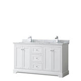 Wyndham Collection - Avery 60 Inch Double Bathroom Vanity in White, White Carrara Marble Countertop, Undermount Square Sinks, and No Mirror - White