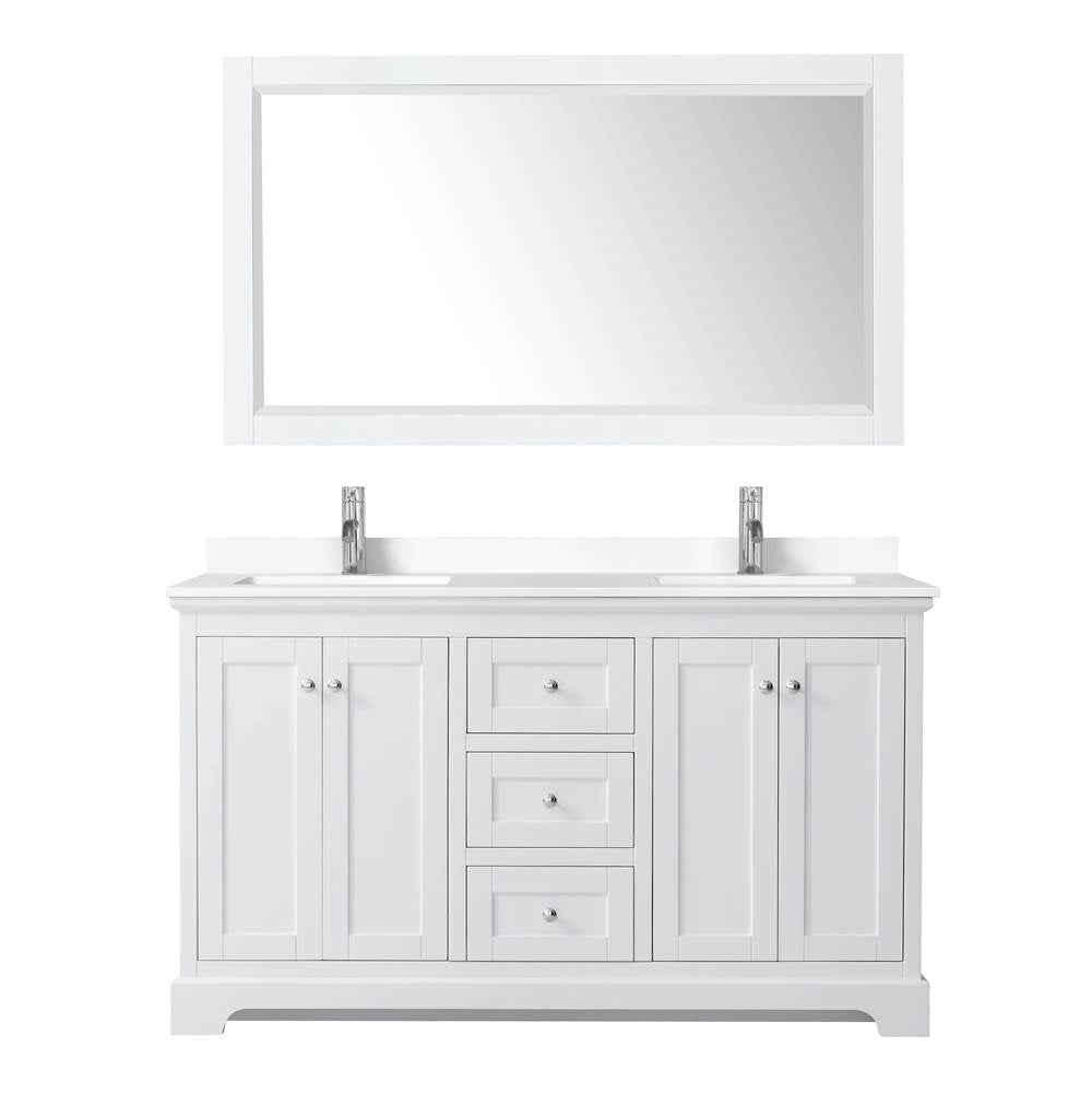 Avery 60 Inch Double Bathroom Vanity in White, White Cultured Marble Countertop, Undermount Square Sinks, 58 Inch Mirror