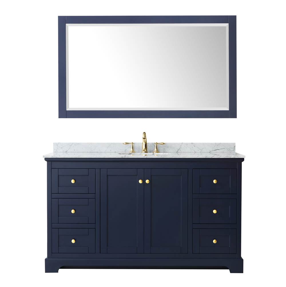 Avery 60 Inch Single Bathroom Vanity in Dark Blue, White Carrara Marble Countertop, Undermount Oval Sink, and 58 Inch Mirror