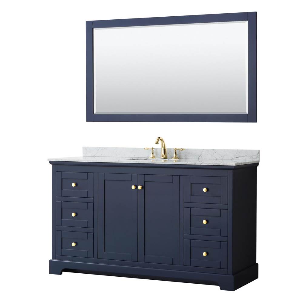 Wyndham Collection - Avery 60 Inch Single Bathroom Vanity in Dark Blue, White Carrara Marble Countertop, Undermount Oval Sink, and 58 Inch Mirror - Dark Blue