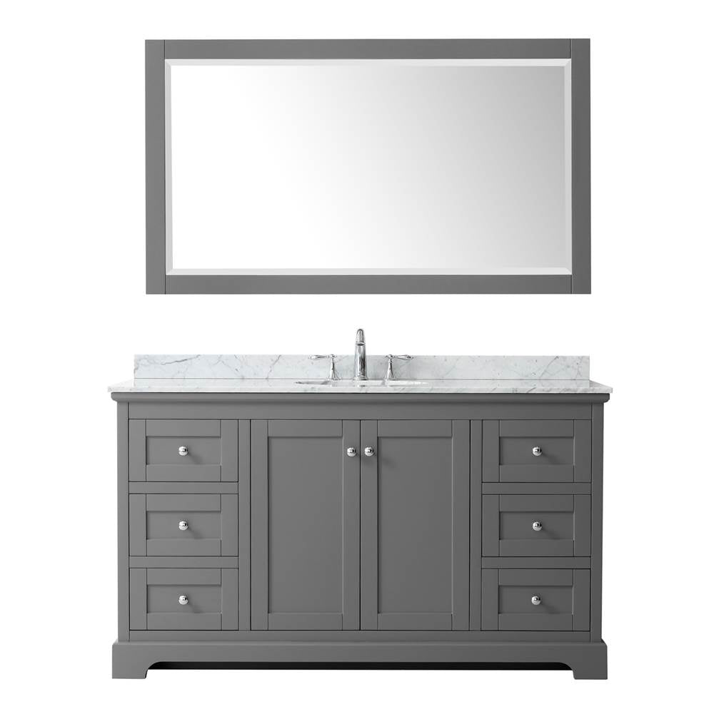 Avery 60 Inch Single Bathroom Vanity in Dark Blue, White Carrara Marble Countertop, Undermount Oval Sink, and 58 Inch Mirror