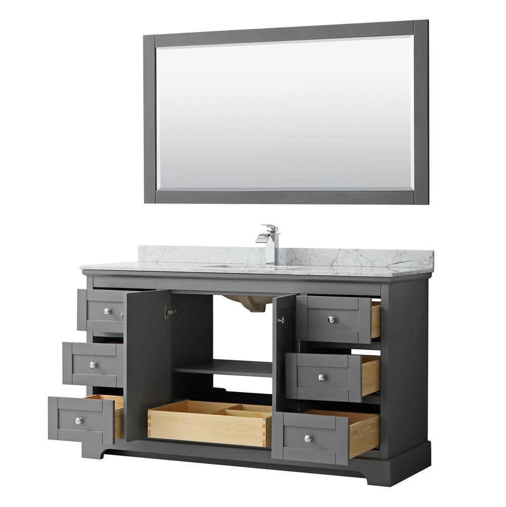 Avery 60 Inch Single Bathroom Vanity in Dark Blue, White Carrara Marble Countertop, Undermount Square Sink, and 58 Inch Mirror