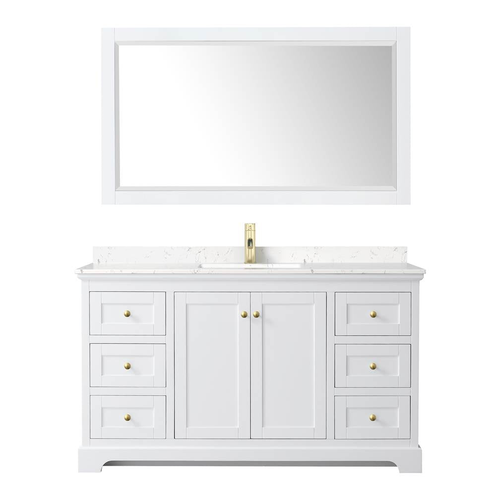 Avery 60 Inch Single Bathroom Vanity in White, Carrara Cultured Marble Countertop, Undermount Square Sink, 58 Inch Mirror, Brushed Gold Trim