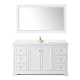 Avery 60 Inch Single Bathroom Vanity in White, Carrara Cultured Marble Countertop, Undermount Square Sink, 58 Inch Mirror, Brushed Gold Trim
