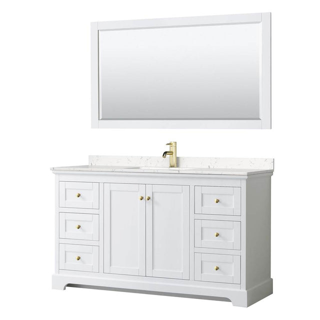 Wyndham Collection - Avery 60 Inch Single Bathroom Vanity in White, Carrara Cultured Marble Countertop, Undermount Square Sink, 58 Inch Mirror, Brushed Gold Trim