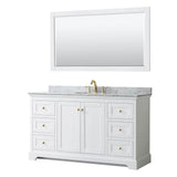 Wyndham Collection - Avery 60 Inch Single Bathroom Vanity in White, White Carrara Marble Countertop, Undermount Oval Sink, 58 Inch Mirror, Brushed Gold Trim