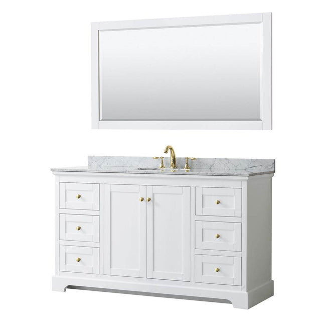 Wyndham Collection - Avery 60 Inch Single Bathroom Vanity in White, White Carrara Marble Countertop, Undermount Oval Sink, 58 Inch Mirror, Brushed Gold Trim