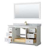 Avery 60 Inch Single Bathroom Vanity in White, White Carrara Marble Countertop, Undermount Square Sink, 58 Inch Mirror, Brushed Gold Trim