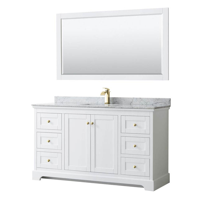 Wyndham Collection - Avery 60 Inch Single Bathroom Vanity in White, White Carrara Marble Countertop, Undermount Square Sink, 58 Inch Mirror, Brushed Gold Trim