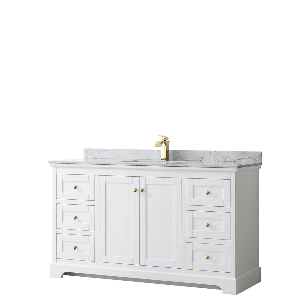 Wyndham Collection - Avery 60 Inch Single Bathroom Vanity in White, White Carrara Marble Countertop, Undermount Square Sink, Brushed Gold Trim