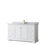 Wyndham Collection - Avery 60 Inch Single Bathroom Vanity in White, White Carrara Marble Countertop, Undermount Square Sink, Brushed Gold Trim