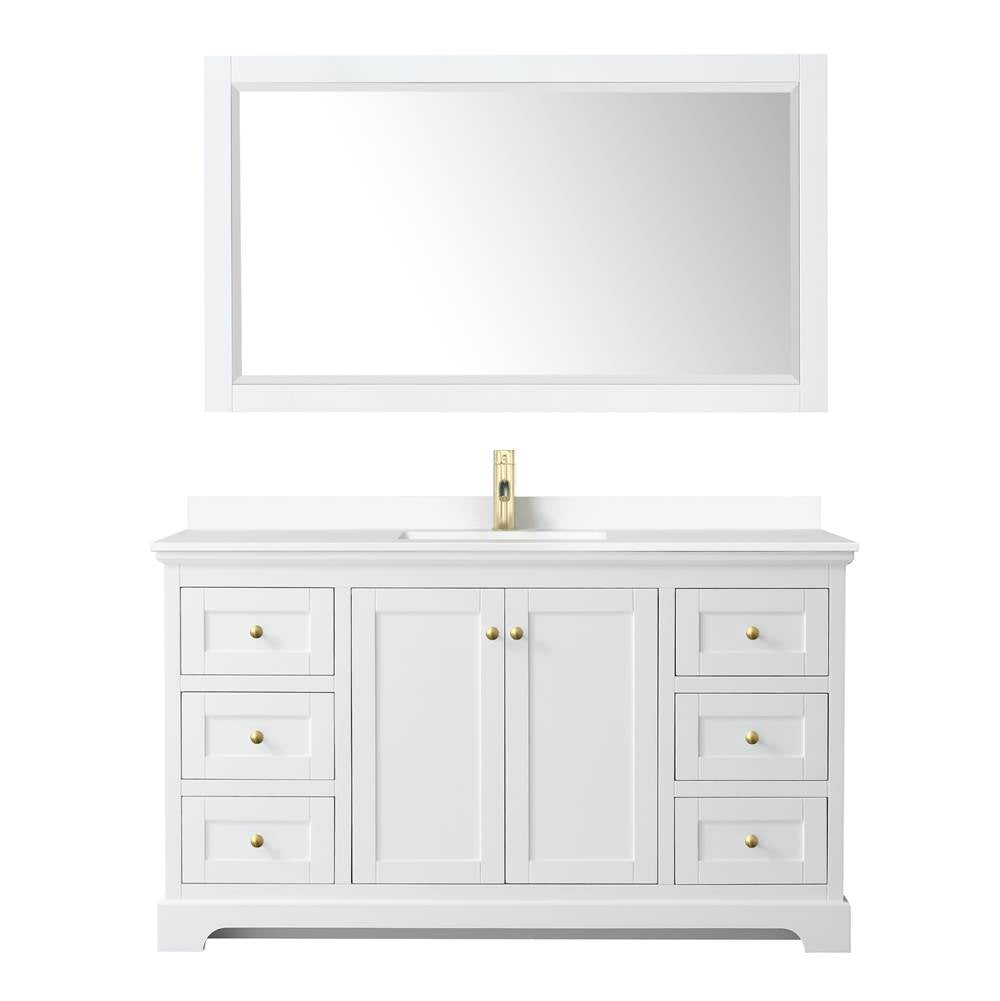 Avery 60 Inch Single Bathroom Vanity in White, White Cultured Marble Countertop, Undermount Square Sink, 58 Inch Mirror, Brushed Gold Trim