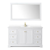 Avery 60 Inch Single Bathroom Vanity in White, White Cultured Marble Countertop, Undermount Square Sink, 58 Inch Mirror, Brushed Gold Trim