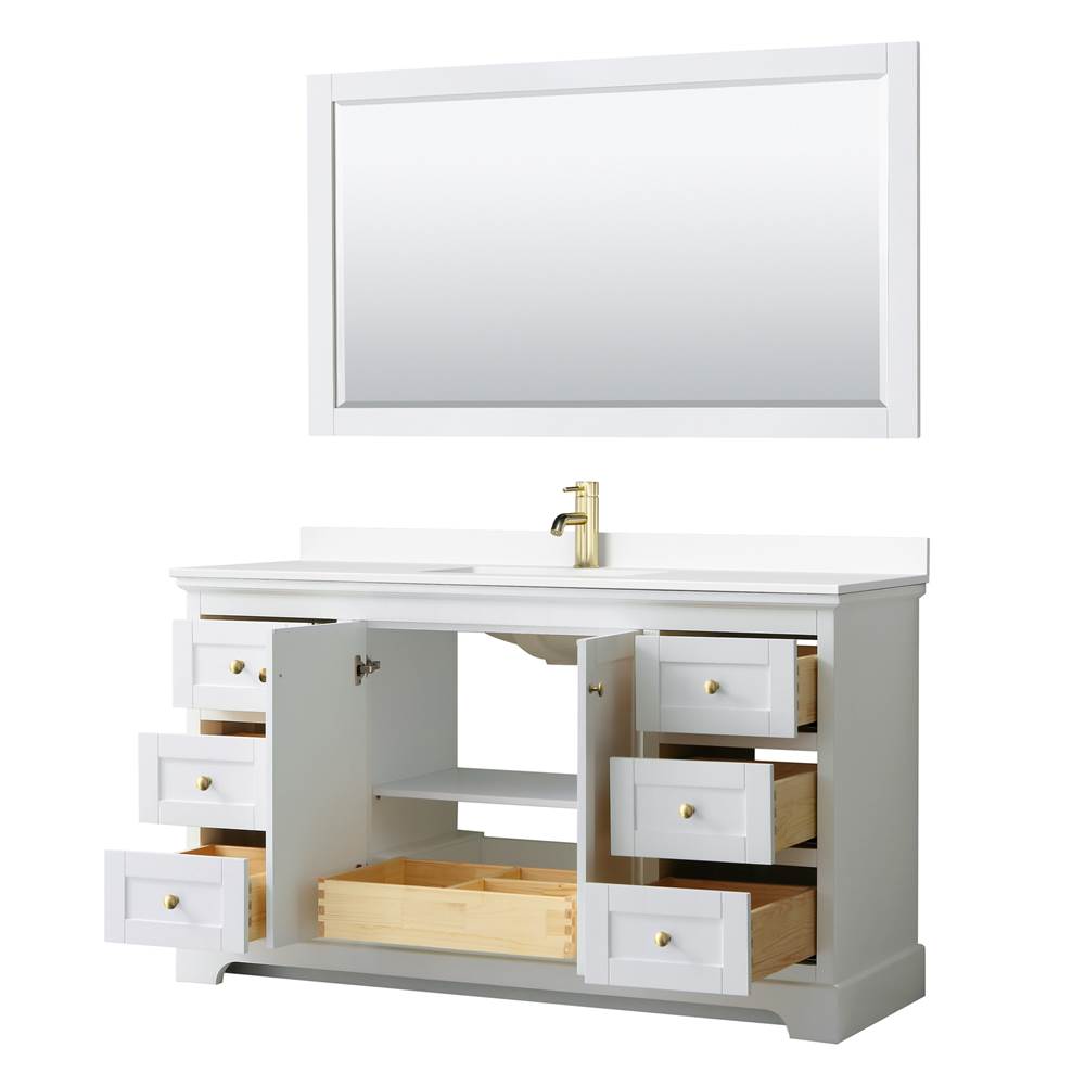 Avery 60 Inch Single Bathroom Vanity in White, White Cultured Marble Countertop, Undermount Square Sink, 58 Inch Mirror, Brushed Gold Trim