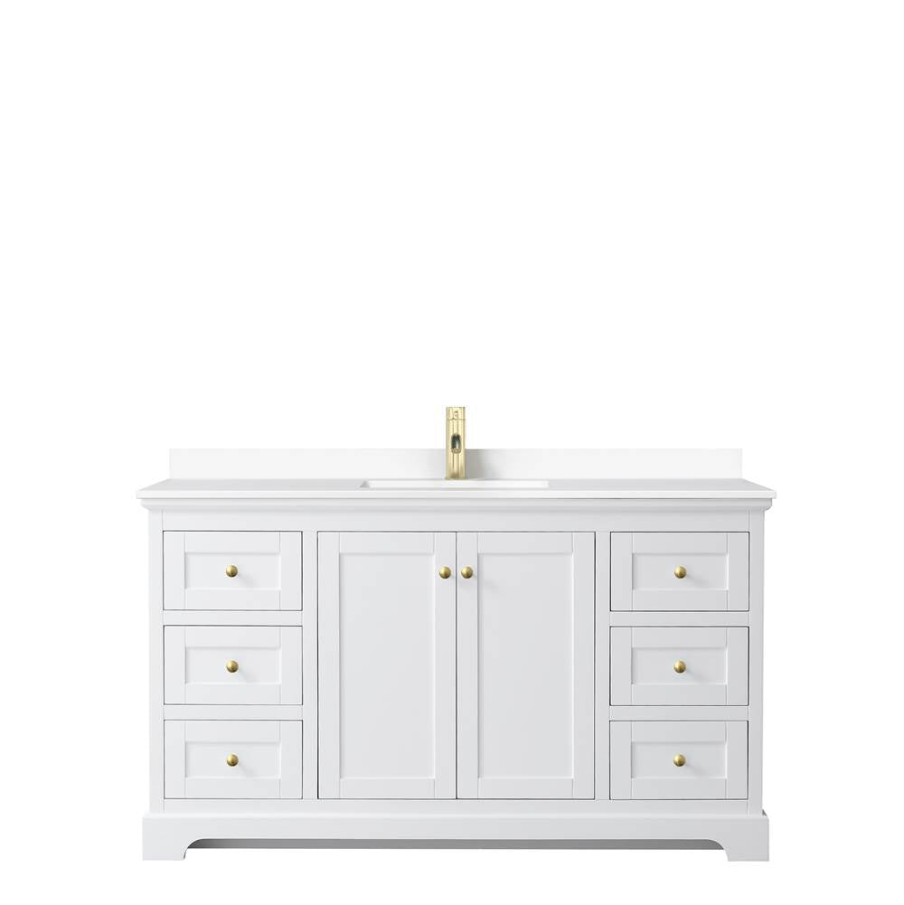 Avery 60 Inch Single Bathroom Vanity in White, White Cultured Marble Countertop, Undermount Square Sink, Brushed Gold Trim