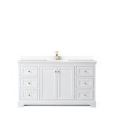 Avery 60 Inch Single Bathroom Vanity in White, White Cultured Marble Countertop, Undermount Square Sink, Brushed Gold Trim