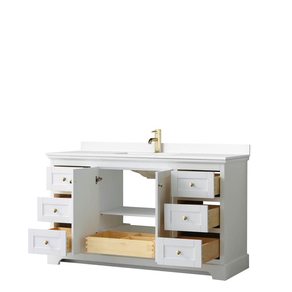 Avery 60 Inch Single Bathroom Vanity in White, White Cultured Marble Countertop, Undermount Square Sink, Brushed Gold Trim