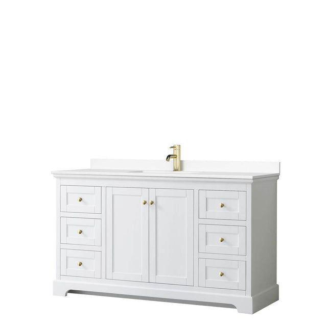 Wyndham Collection - Avery 60 Inch Single Bathroom Vanity in White, White Cultured Marble Countertop, Undermount Square Sink, Brushed Gold Trim