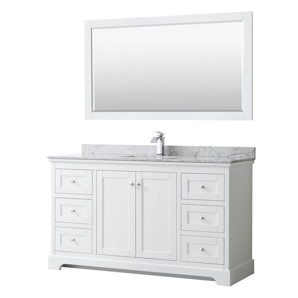 Wyndham Collection - Avery 60 Inch Single Bathroom Vanity in White, White Carrara Marble Countertop, Undermount Square Sink, and 58 Inch Mirror - White