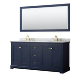 Wyndham Collection - Avery 72 Inch Double Bathroom Vanity in Dark Blue, White Carrara Marble Countertop, Undermount Oval Sinks, and 70 Inch Mirror - Dark Blue