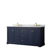 Wyndham Collection - Avery 72 Inch Double Bathroom Vanity in Dark Blue, White Carrara Marble Countertop, Undermount Oval Sinks, and No Mirror - Dark Blue