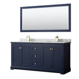 Wyndham Collection - Avery 72 Inch Double Bathroom Vanity in Dark Blue, White Carrara Marble Countertop, Undermount Square Sinks, and 70 Inch Mirror - Dark Blue