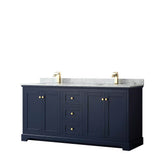 Wyndham Collection - Avery 72 Inch Double Bathroom Vanity in Dark Blue, White Carrara Marble Countertop, Undermount Square Sinks, and No Mirror - Dark Blue