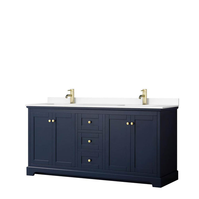 Wyndham Collection - Avery 72 Inch Double Bathroom Vanity in Dark Blue, White Cultured Marble Countertop, Undermount Square Sinks, No Mirror