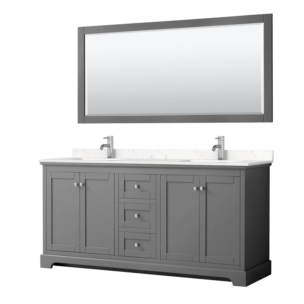 Wyndham Collection - Avery 72 Inch Double Bathroom Vanity in Dark Gray, Carrara Cultured Marble Countertop, Undermount Square Sinks, 70 Inch Mirror