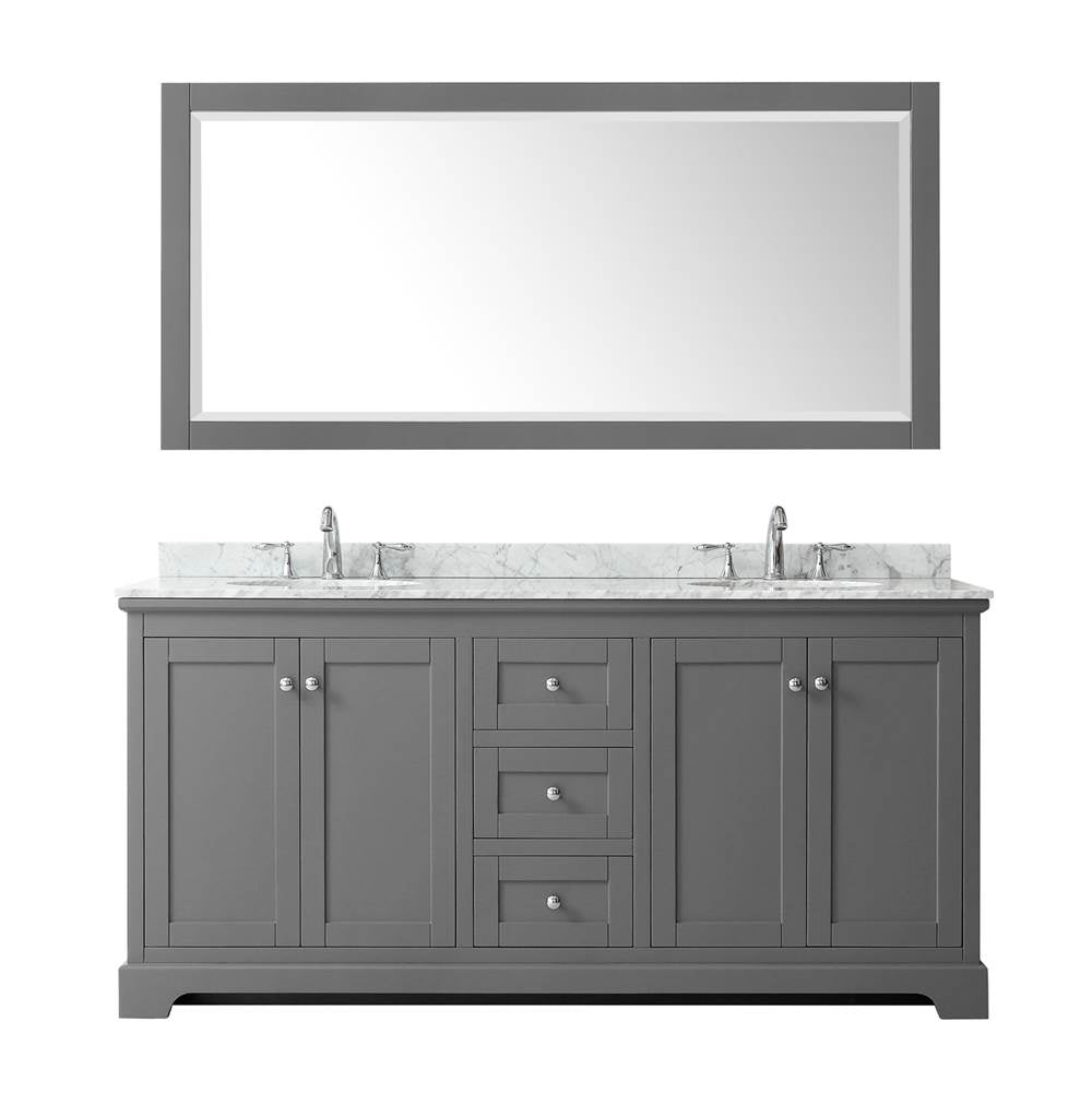 Avery 72 Inch Double Bathroom Vanity in Dark Blue, White Carrara Marble Countertop, Undermount Oval Sinks, and 70 Inch Mirror
