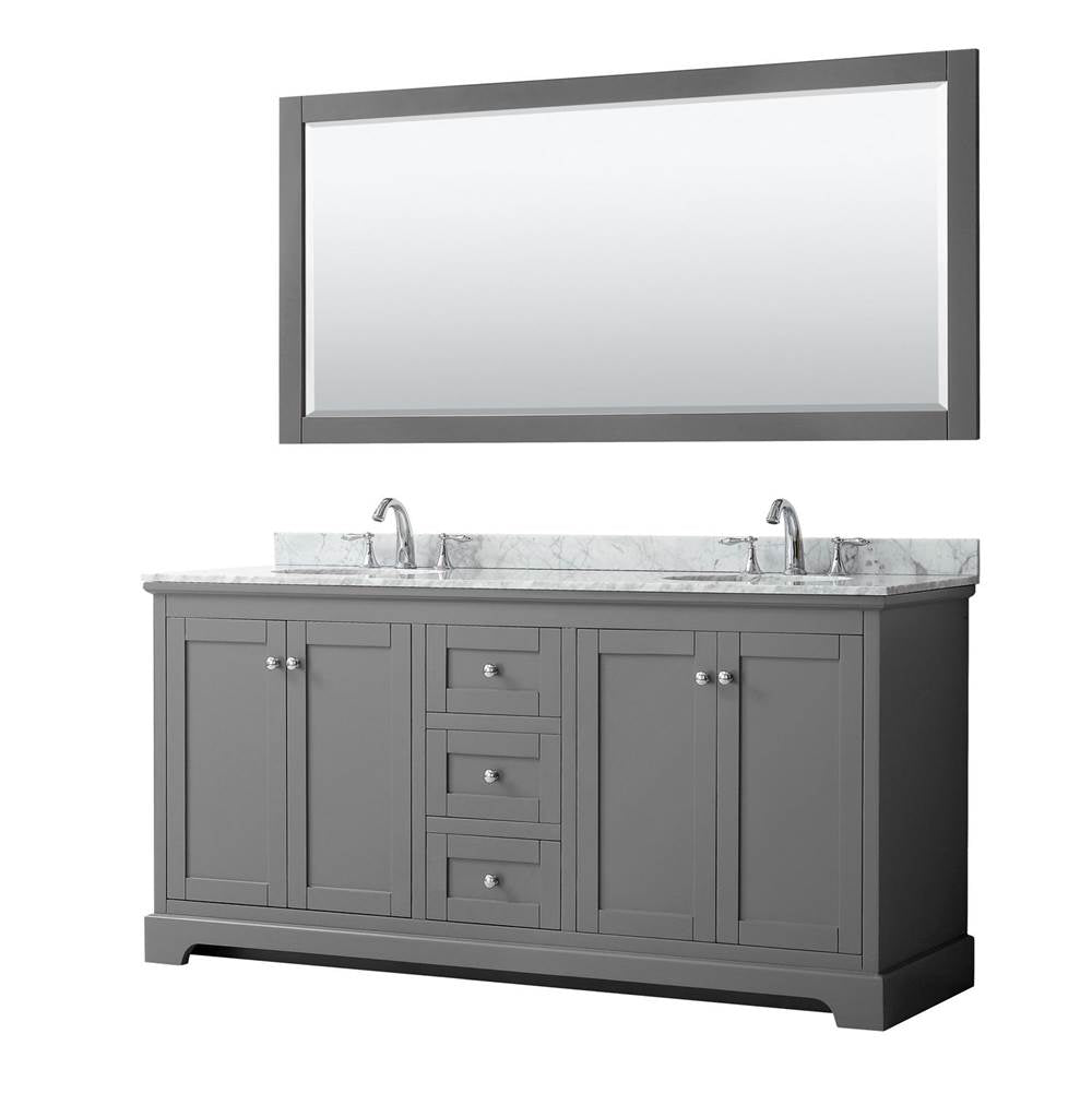 Wyndham Collection - Avery 72 Inch Double Bathroom Vanity in Dark Gray, White Carrara Marble Countertop, Undermount Oval Sinks, and 70 Inch Mirror - Dark Gray