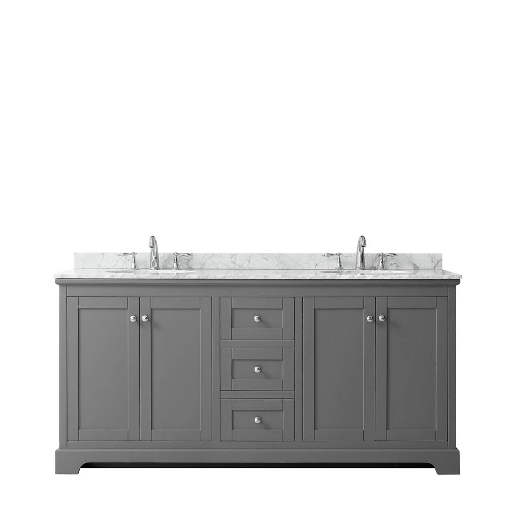 Avery 72 Inch Double Bathroom Vanity in Dark Blue, White Carrara Marble Countertop, Undermount Oval Sinks, and No Mirror