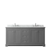 Avery 72 Inch Double Bathroom Vanity in Dark Blue, White Carrara Marble Countertop, Undermount Oval Sinks, and No Mirror