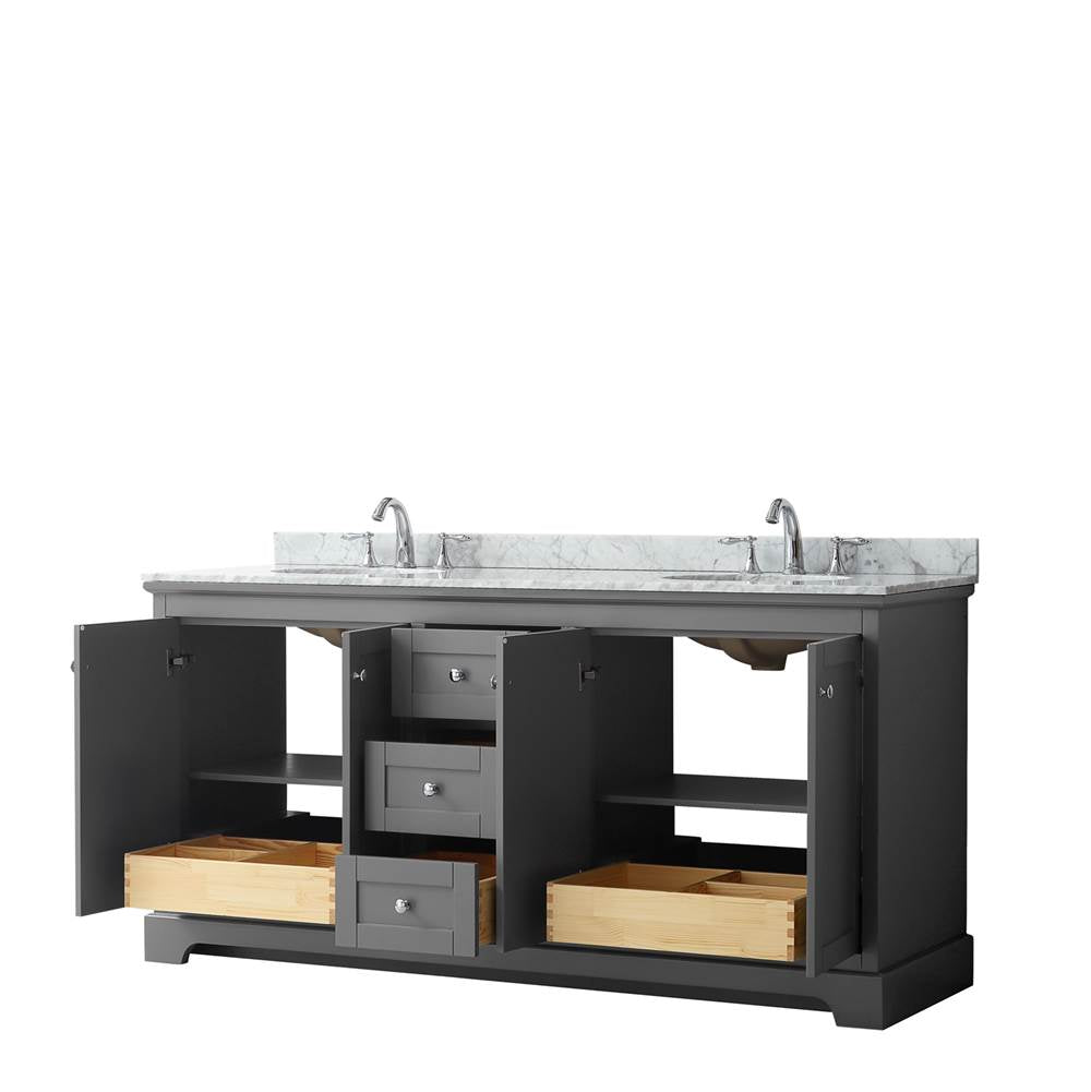 Avery 72 Inch Double Bathroom Vanity in Dark Blue, White Carrara Marble Countertop, Undermount Oval Sinks, and No Mirror
