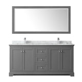 Avery 72 Inch Double Bathroom Vanity in Dark Blue, White Carrara Marble Countertop, Undermount Square Sinks, and 70 Inch Mirror