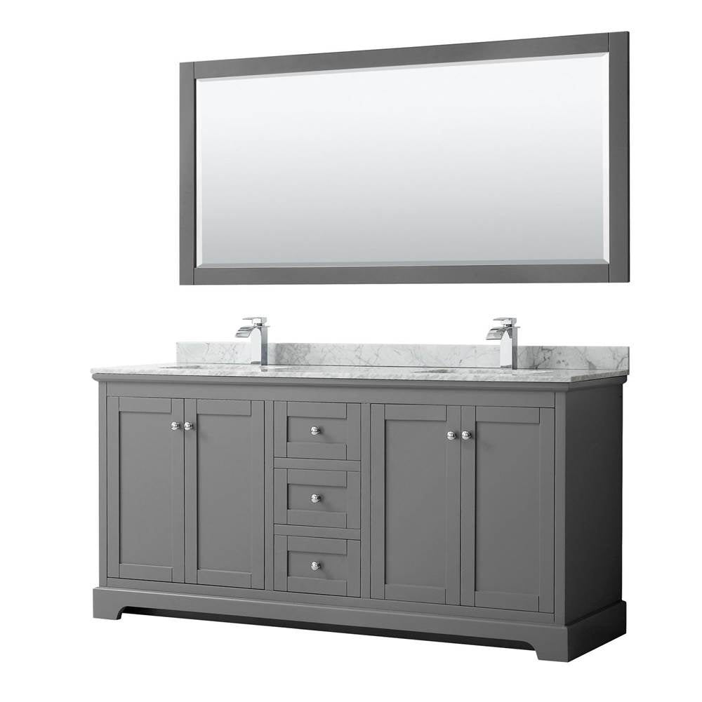Wyndham Collection - Avery 72 Inch Double Bathroom Vanity in Dark Gray, White Carrara Marble Countertop, Undermount Square Sinks, and 70 Inch Mirror - Dark Gray