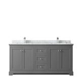 Avery 72 Inch Double Bathroom Vanity in Dark Blue, White Carrara Marble Countertop, Undermount Square Sinks, and No Mirror