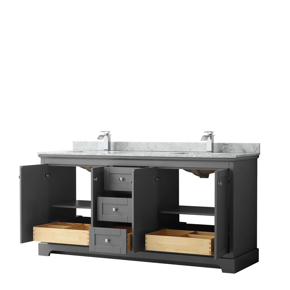 Avery 72 Inch Double Bathroom Vanity in Dark Blue, White Carrara Marble Countertop, Undermount Square Sinks, and No Mirror