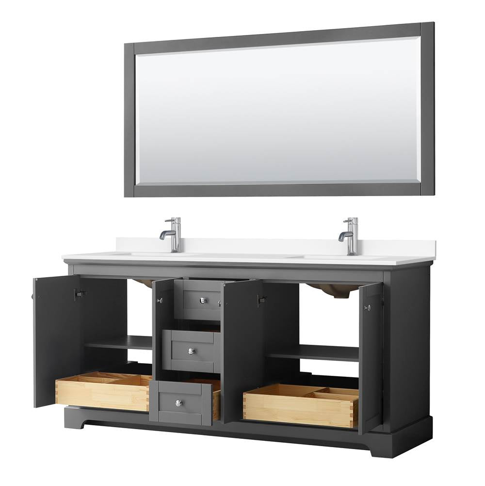 Avery 72 Inch Double Bathroom Vanity in Dark Gray, White Cultured Marble Countertop, Undermount Square Sinks, 70 Inch Mirror
