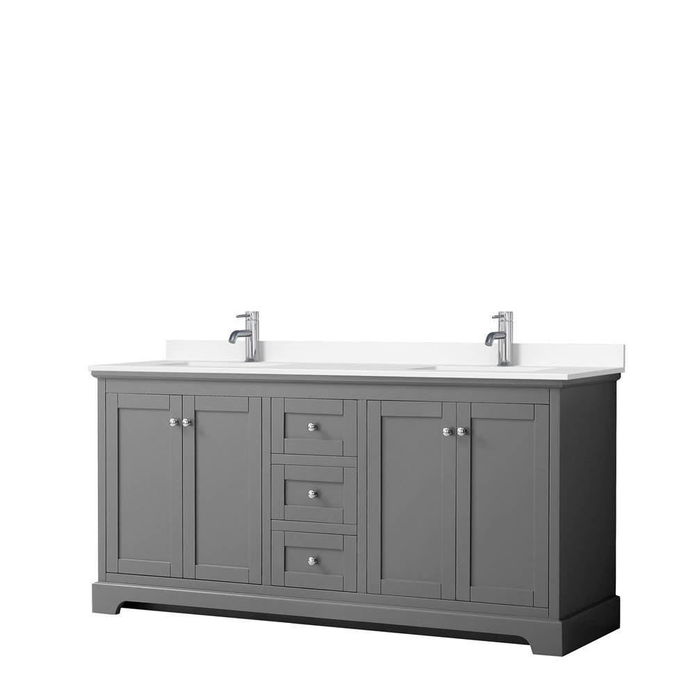 Wyndham Collection - Avery 72 Inch Double Bathroom Vanity in Dark Gray, White Cultured Marble Countertop, Undermount Square Sinks, No Mirror