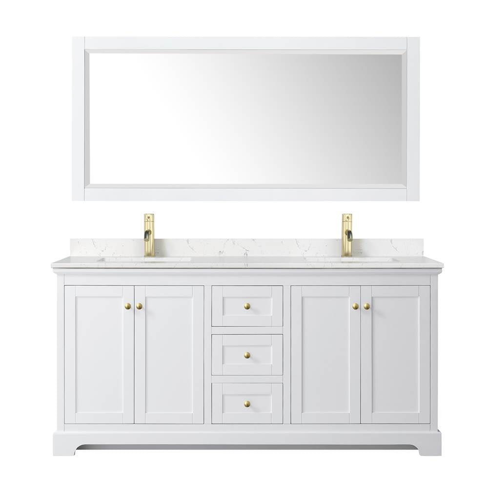 Avery 72 Inch Double Bathroom Vanity in White, Carrara Cultured Marble Countertop, Undermount Square Sinks, Brushed Gold Trim
