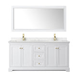 Avery 72 Inch Double Bathroom Vanity in White, Carrara Cultured Marble Countertop, Undermount Square Sinks, 70 Inch Mirror, Brushed Gold Trim