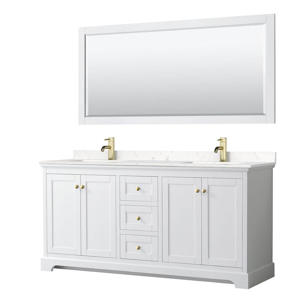 Wyndham Collection - Avery 72 Inch Double Bathroom Vanity in White, Carrara Cultured Marble Countertop, Undermount Square Sinks, 70 Inch Mirror, Brushed Gold Trim