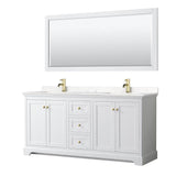 Wyndham Collection - Avery 72 Inch Double Bathroom Vanity in White, Carrara Cultured Marble Countertop, Undermount Square Sinks, 70 Inch Mirror, Brushed Gold Trim