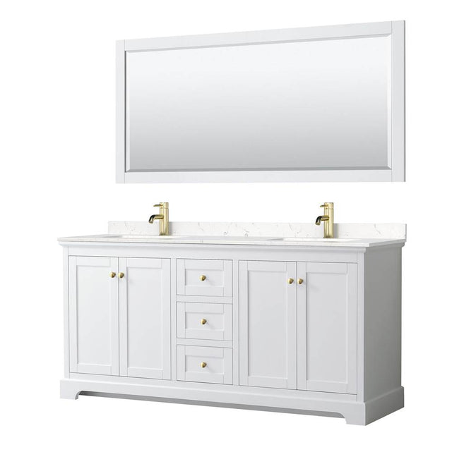 Wyndham Collection - Avery 72 Inch Double Bathroom Vanity in White, Carrara Cultured Marble Countertop, Undermount Square Sinks, 70 Inch Mirror, Brushed Gold Trim