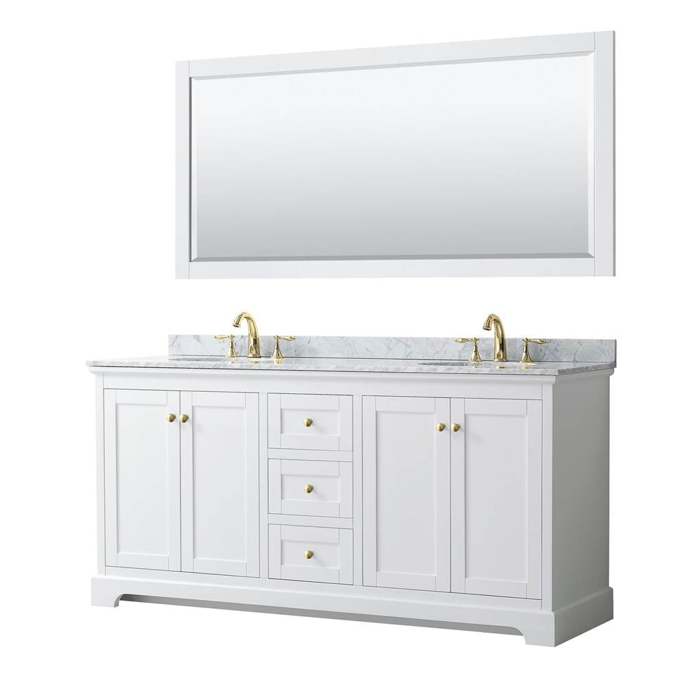 Wyndham Collection - Avery 72 Inch Double Bathroom Vanity in White, White Carrara Marble Countertop, Undermount Oval Sinks, 70 Inch Mirror, Brushed Gold Trim
