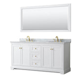 Wyndham Collection - Avery 72 Inch Double Bathroom Vanity in White, White Carrara Marble Countertop, Undermount Oval Sinks, 70 Inch Mirror, Brushed Gold Trim
