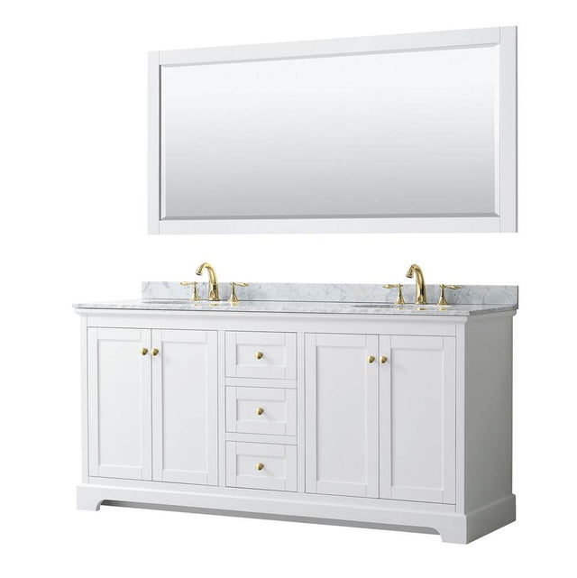 Wyndham Collection - Avery 72 Inch Double Bathroom Vanity in White, White Carrara Marble Countertop, Undermount Oval Sinks, 70 Inch Mirror, Brushed Gold Trim