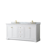 Wyndham Collection - Avery 72 Inch Double Bathroom Vanity in White, White Carrara Marble Countertop, Undermount Oval Sinks, Brushed Gold Trim